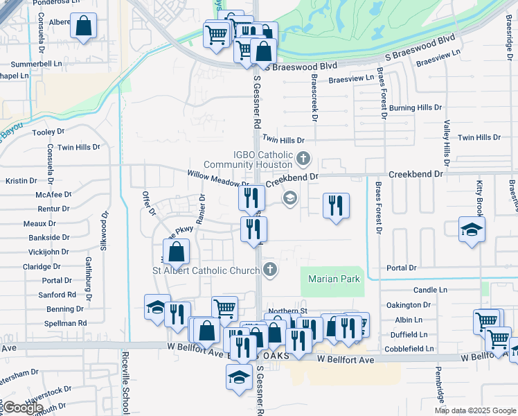map of restaurants, bars, coffee shops, grocery stores, and more near 10724 South Gessner Road in Houston