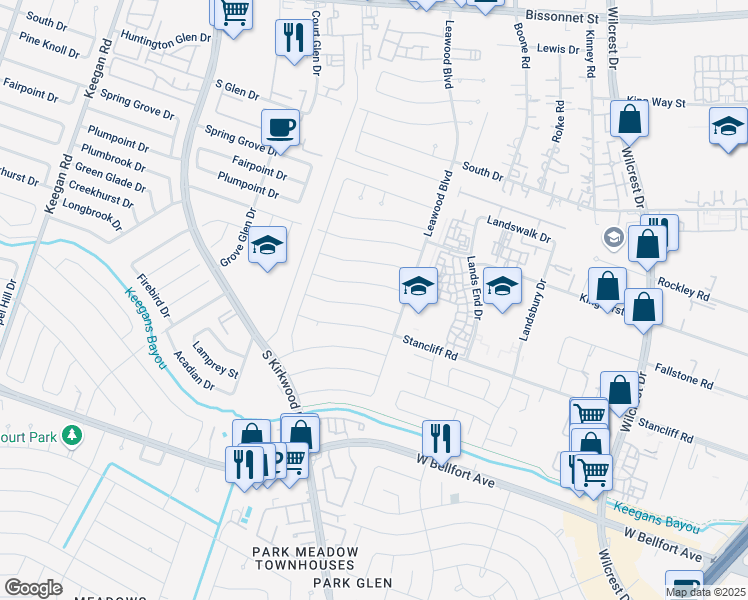 map of restaurants, bars, coffee shops, grocery stores, and more near 11415 Creekhurst Drive in Houston