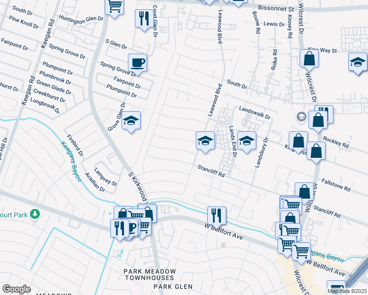 map of restaurants, bars, coffee shops, grocery stores, and more near 11415 Creekhurst Drive in Houston