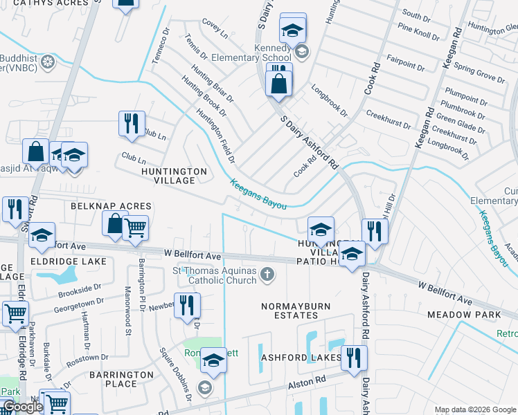 map of restaurants, bars, coffee shops, grocery stores, and more near 12338 Huntington Venture Drive in Houston