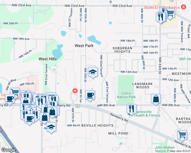 map of restaurants, bars, coffee shops, grocery stores, and more near 1219 Northwest 55th Street in Gainesville