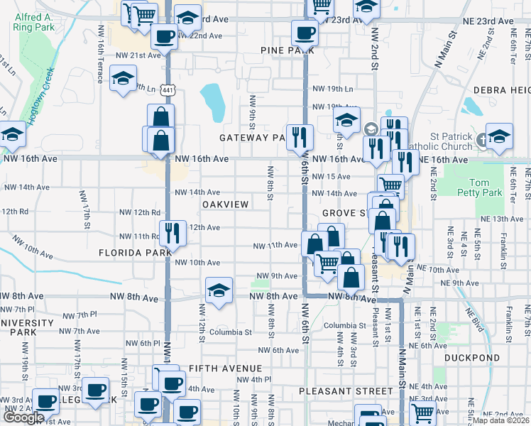 map of restaurants, bars, coffee shops, grocery stores, and more near 816 Northwest 13th Avenue in Gainesville