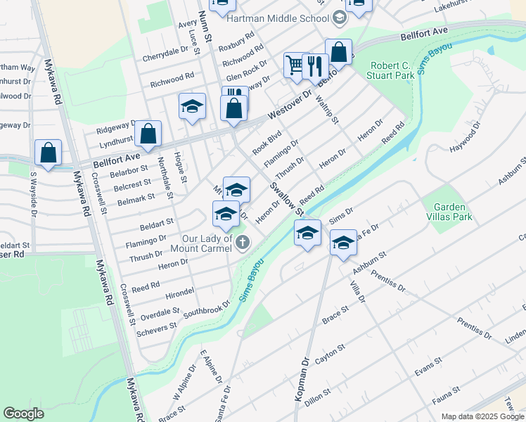 map of restaurants, bars, coffee shops, grocery stores, and more near 6811 Heron Drive in Houston