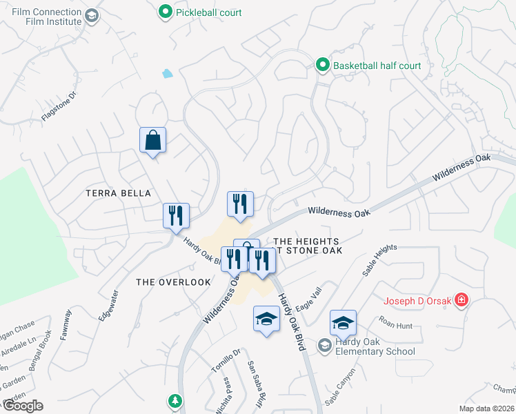 map of restaurants, bars, coffee shops, grocery stores, and more near 23923 Stately Oaks in San Antonio