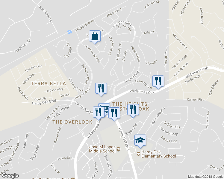 map of restaurants, bars, coffee shops, grocery stores, and more near 23938 Stately Oaks in San Antonio