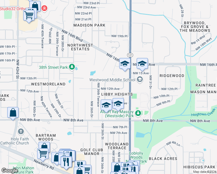 map of restaurants, bars, coffee shops, grocery stores, and more near 3524 Northwest 12th Avenue in Gainesville