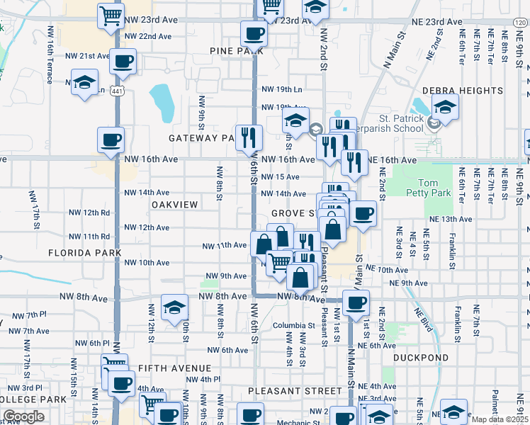 map of restaurants, bars, coffee shops, grocery stores, and more near 1301 Northwest 6th Street in Gainesville