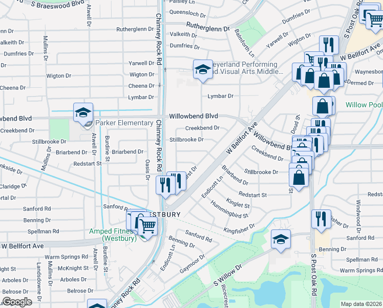 map of restaurants, bars, coffee shops, grocery stores, and more near 5303 Briarbend Drive in Houston