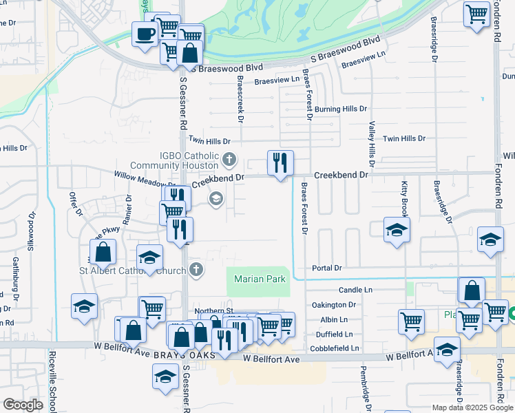 map of restaurants, bars, coffee shops, grocery stores, and more near 8113 Creekbend Drive in Houston