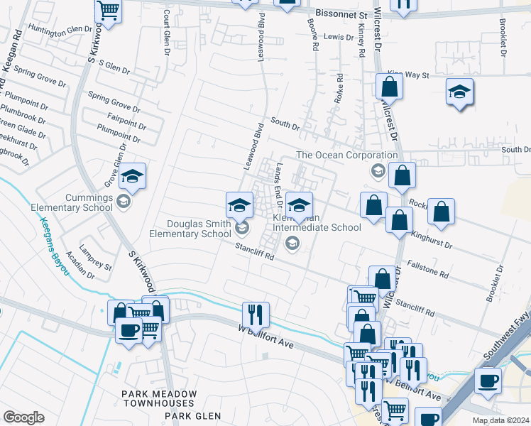 map of restaurants, bars, coffee shops, grocery stores, and more near 10350 Lands End Drive in Houston