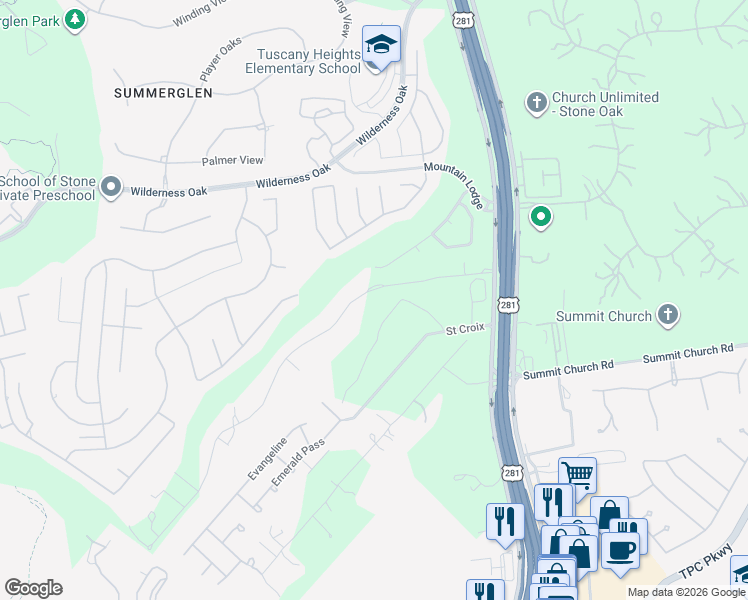 map of restaurants, bars, coffee shops, grocery stores, and more near 2210 Oakland Bend in San Antonio