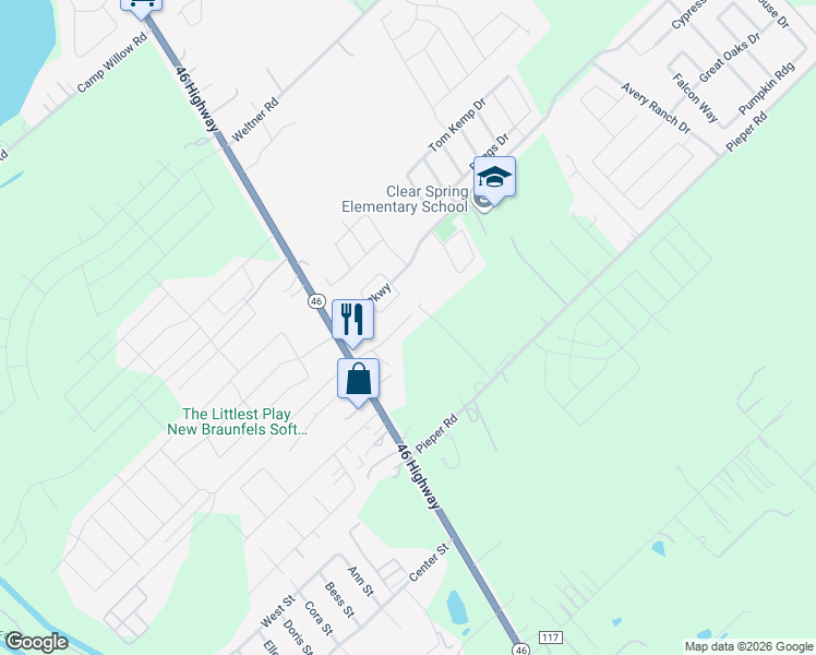 map of restaurants, bars, coffee shops, grocery stores, and more near 2246 Avery Village in New Braunfels