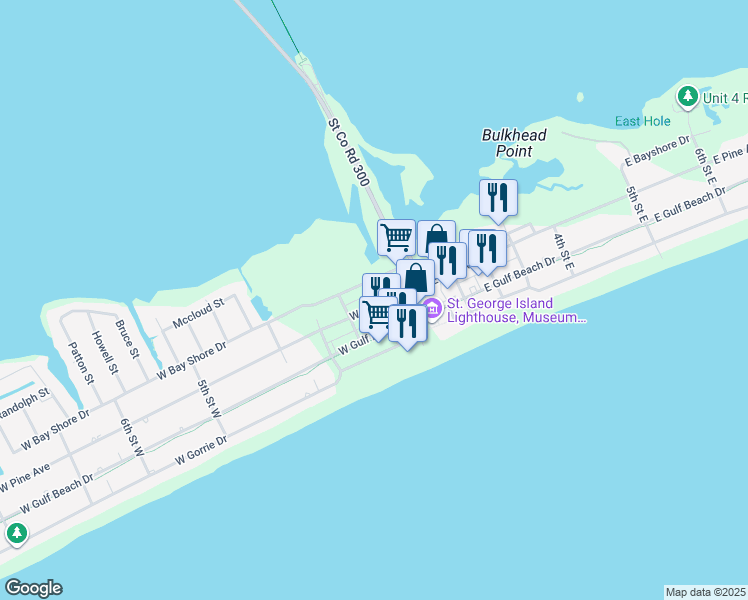 map of restaurants, bars, coffee shops, grocery stores, and more near 101 West Pine Avenue in Saint George Island