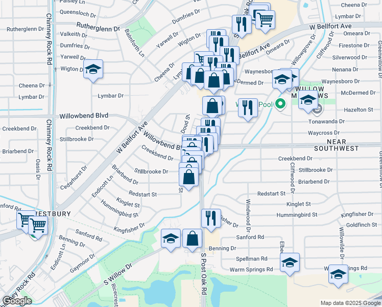 map of restaurants, bars, coffee shops, grocery stores, and more near 10800 South Post Oak Road in Houston