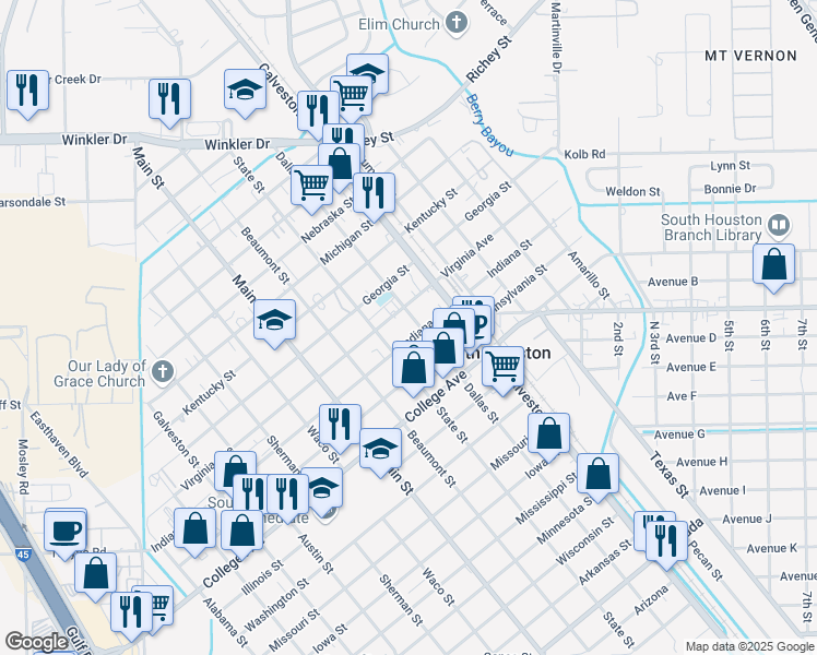 map of restaurants, bars, coffee shops, grocery stores, and more near 622 Virginia Avenue in South Houston