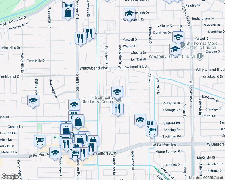 map of restaurants, bars, coffee shops, grocery stores, and more near 6485 Creekbend Drive in Houston