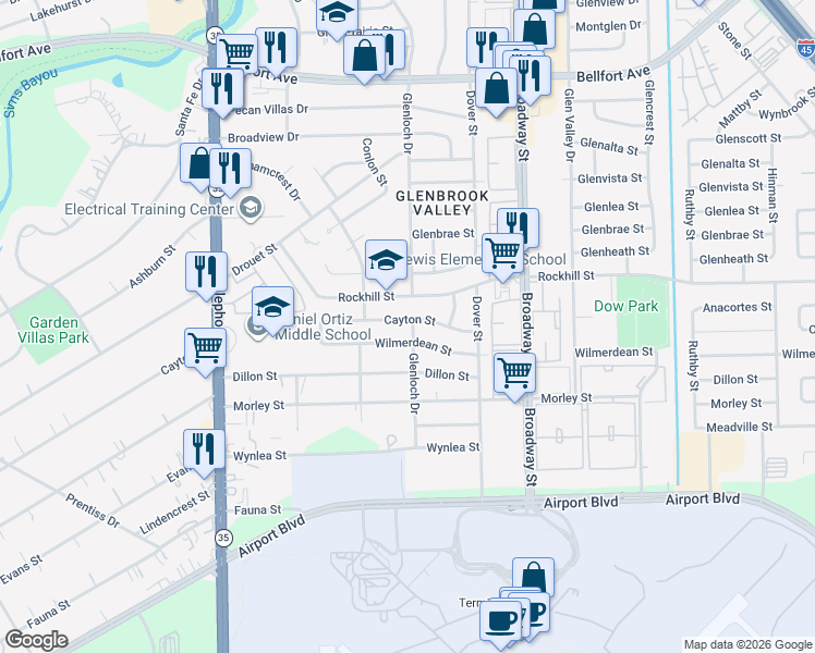 map of restaurants, bars, coffee shops, grocery stores, and more near 7630 Cayton St in Houston
