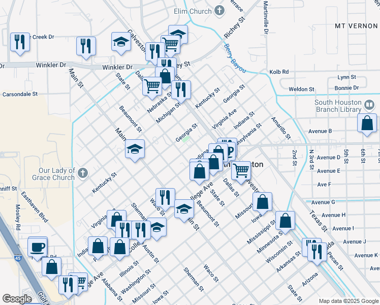 map of restaurants, bars, coffee shops, grocery stores, and more near 622 Virginia Avenue in South Houston