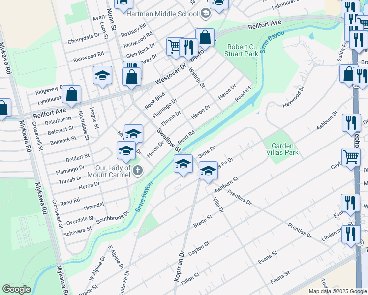 map of restaurants, bars, coffee shops, grocery stores, and more near 6910 Reed Road in Houston