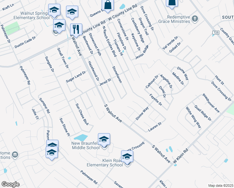 map of restaurants, bars, coffee shops, grocery stores, and more near 2240 Stonecrest Path in New Braunfels