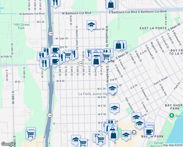 map of restaurants, bars, coffee shops, grocery stores, and more near 201 South 3rd Street in La Porte