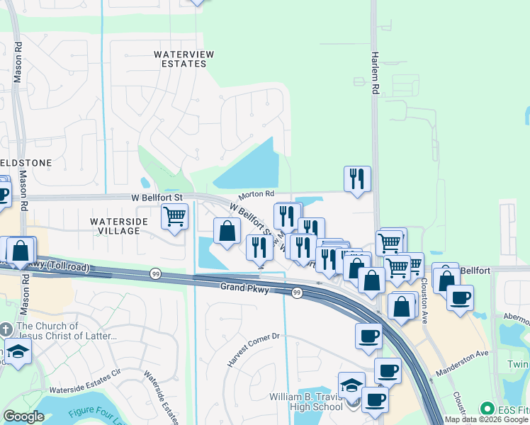 map of restaurants, bars, coffee shops, grocery stores, and more near 19400 West Bellfort Street in Richmond