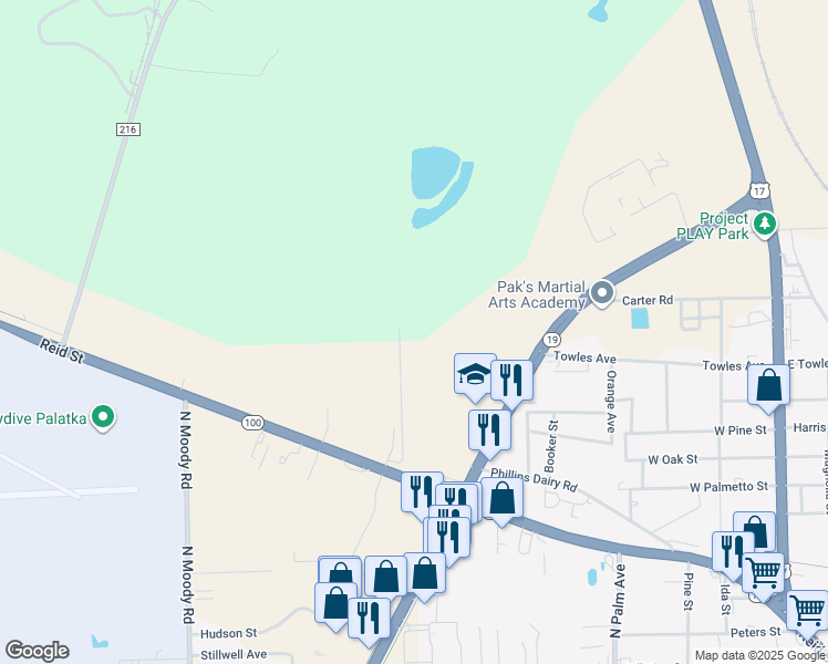 map of restaurants, bars, coffee shops, grocery stores, and more near 3809 Reid Street in Palatka