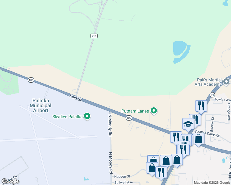 map of restaurants, bars, coffee shops, grocery stores, and more near 106 Browns Lane in Palatka