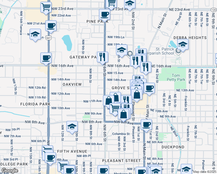 map of restaurants, bars, coffee shops, grocery stores, and more near 1301 Northwest 6th Street in Gainesville