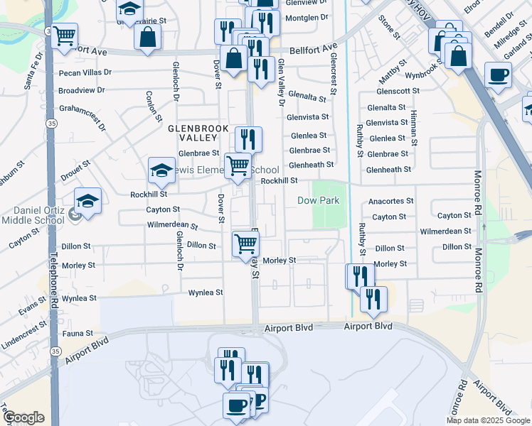 map of restaurants, bars, coffee shops, grocery stores, and more near 8646 Glen Valley Drive in Houston