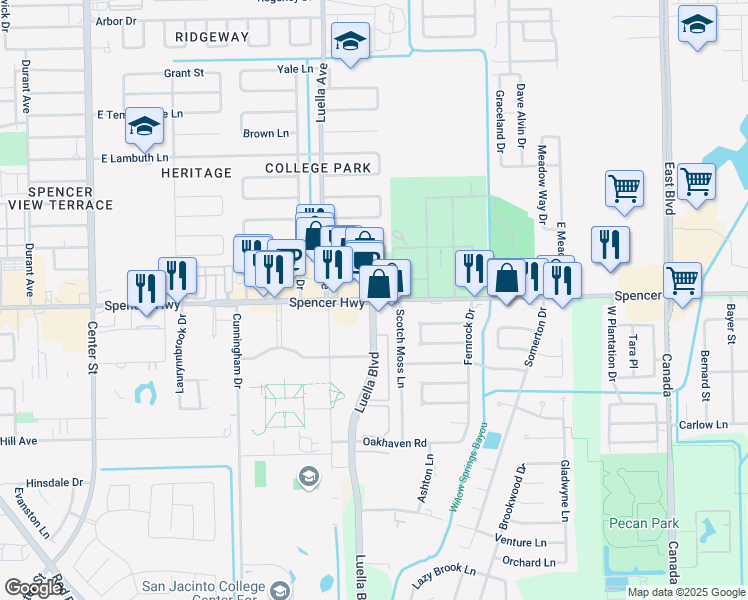map of restaurants, bars, coffee shops, grocery stores, and more near Spencer Hwy & Luella Blvd in La Porte