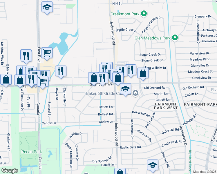 map of restaurants, bars, coffee shops, grocery stores, and more near 9608 Spencer Highway in La Porte