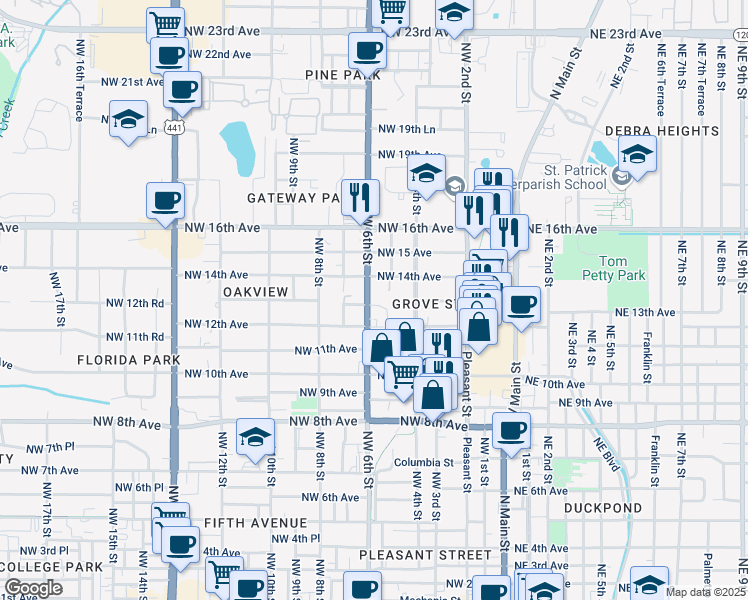 map of restaurants, bars, coffee shops, grocery stores, and more near 1301 Northwest 6th Street in Gainesville