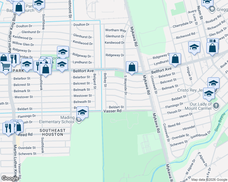 map of restaurants, bars, coffee shops, grocery stores, and more near 6034 Belmark Street in Houston