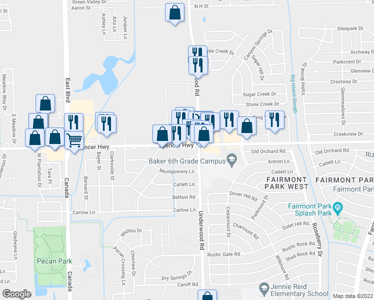 map of restaurants, bars, coffee shops, grocery stores, and more near 9608 Spencer Highway in La Porte
