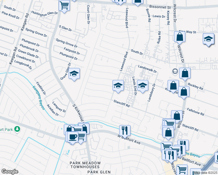 map of restaurants, bars, coffee shops, grocery stores, and more near 11415 Creekhurst Drive in Houston