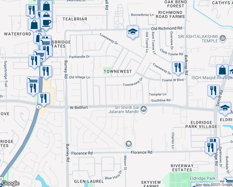 map of restaurants, bars, coffee shops, grocery stores, and more near 10423 Rancho Bernardo Lane in Sugar Land
