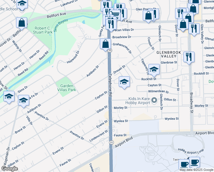 map of restaurants, bars, coffee shops, grocery stores, and more near 6738 Telephone Road in Houston
