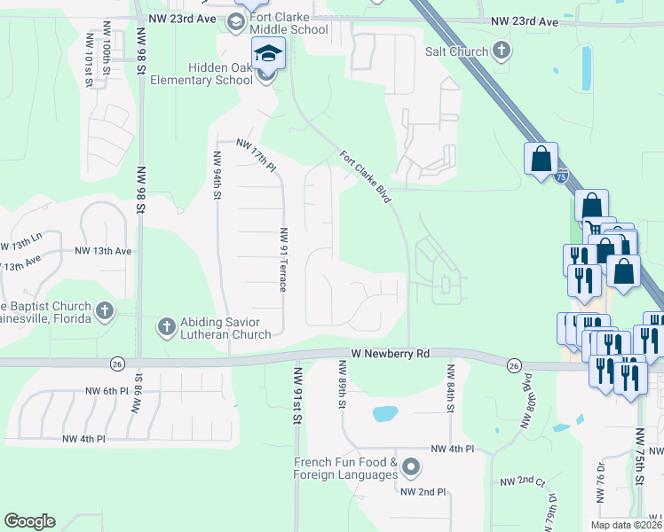 map of restaurants, bars, coffee shops, grocery stores, and more near 1215 Northwest 89th Terrace in Gainesville