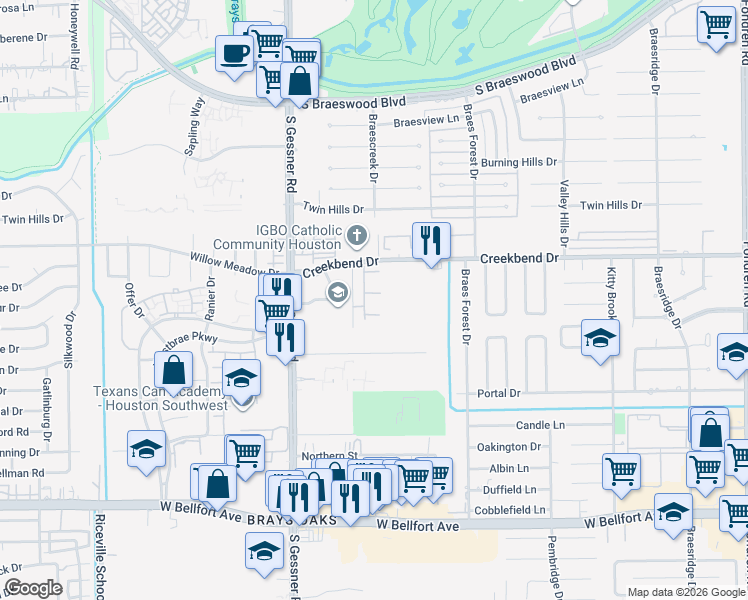 map of restaurants, bars, coffee shops, grocery stores, and more near 10739 Braes Bend Drive in Houston