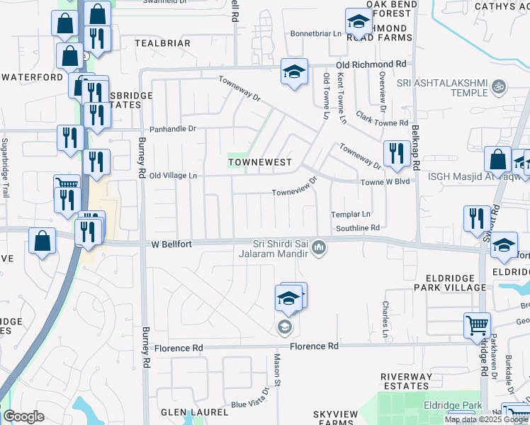 map of restaurants, bars, coffee shops, grocery stores, and more near 10423 Rancho Bernardo Lane in Sugar Land