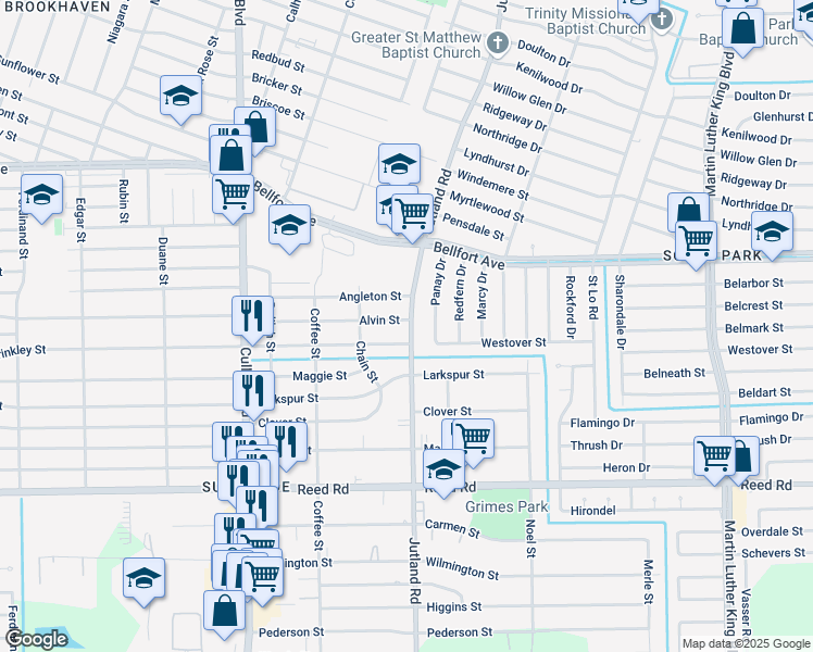 map of restaurants, bars, coffee shops, grocery stores, and more near 4942 Alvin Street in Houston