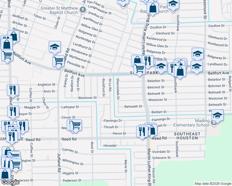 map of restaurants, bars, coffee shops, grocery stores, and more near 8155 Saint Lo Road in Houston