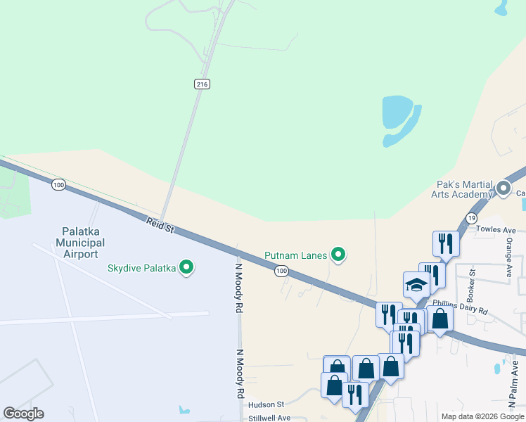 map of restaurants, bars, coffee shops, grocery stores, and more near 106 Browns Lane in Palatka