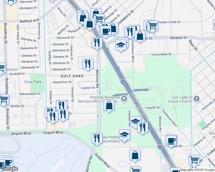map of restaurants, bars, coffee shops, grocery stores, and more near 8721 Bryam Street in Houston