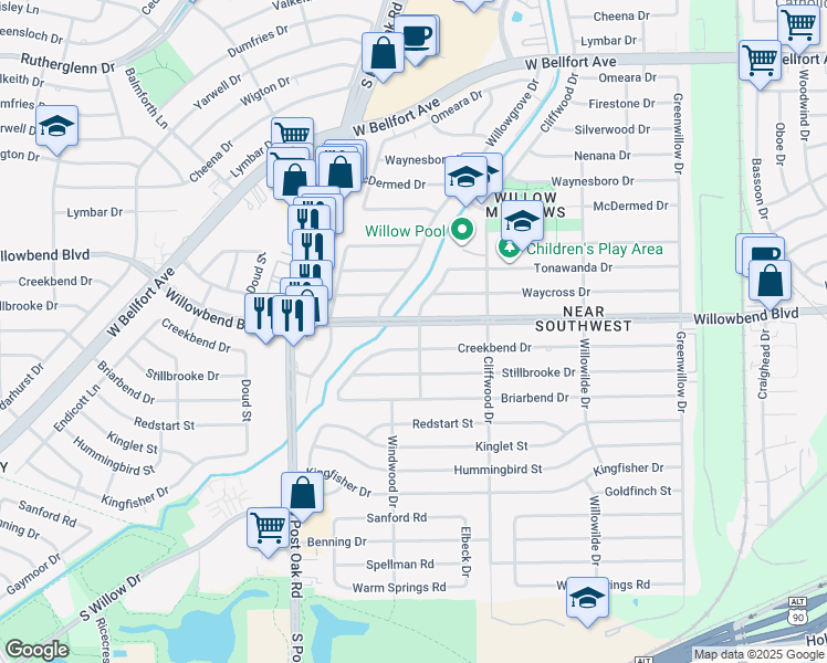 map of restaurants, bars, coffee shops, grocery stores, and more near 4813 Willowbend Boulevard in Houston