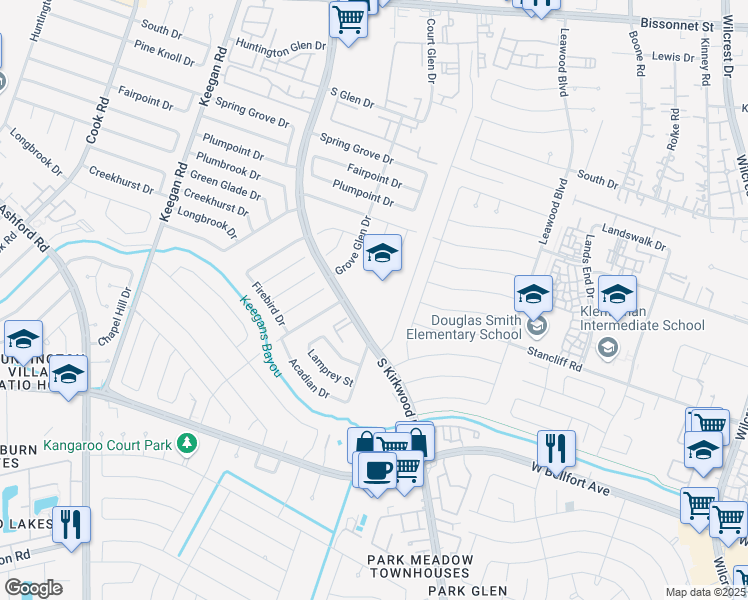 map of restaurants, bars, coffee shops, grocery stores, and more near 10455 S Kirkwood Rd in Houston
