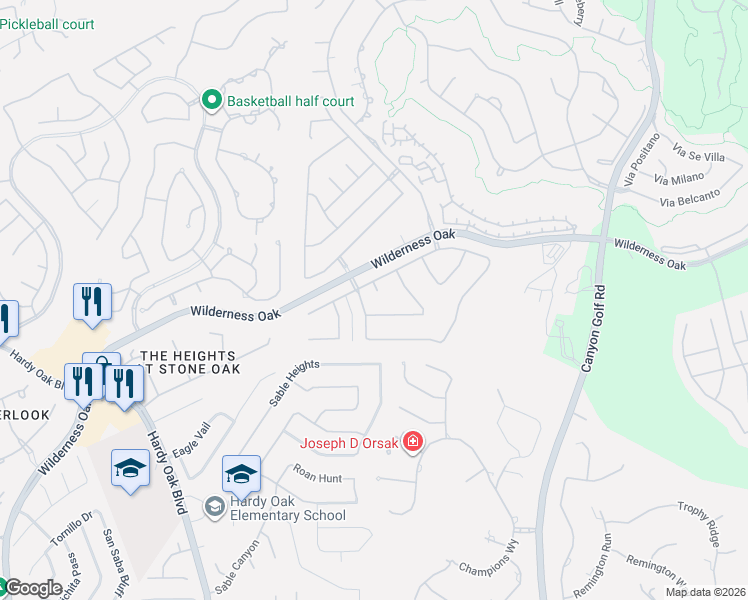 map of restaurants, bars, coffee shops, grocery stores, and more near 23827 Hot Springs in San Antonio