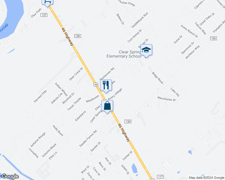 map of restaurants, bars, coffee shops, grocery stores, and more near 2218 Westover Loop in New Braunfels
