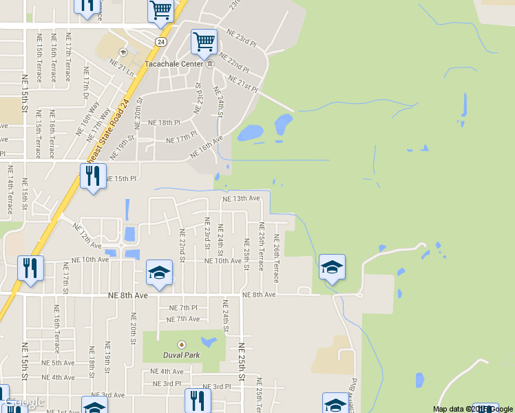 map of restaurants, bars, coffee shops, grocery stores, and more near 1206 Northeast 25th Terrace in Gainesville